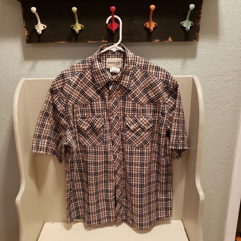Wrangler Rustler Brown Plaid Metallic Pearl Snap